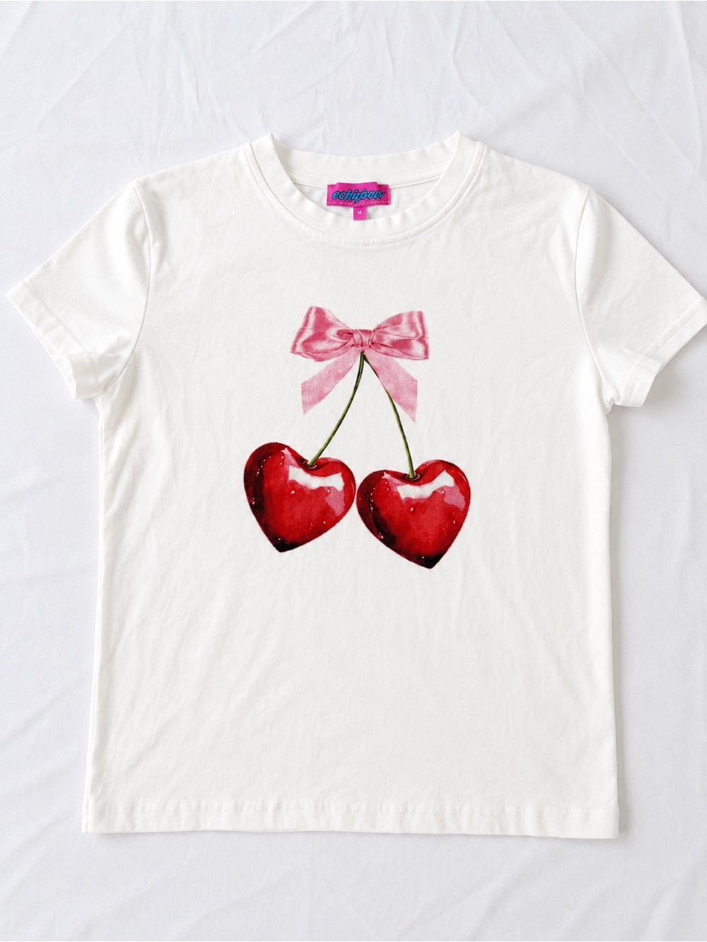 Edikted Cherry Graphic Baby Tee White Pink Bow Y2K Coquette Size M
